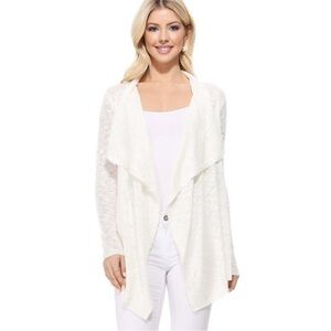MAK Creamy White Long Sleeve Sheer Slub Open Front Cardigan Sweater Sz Small
